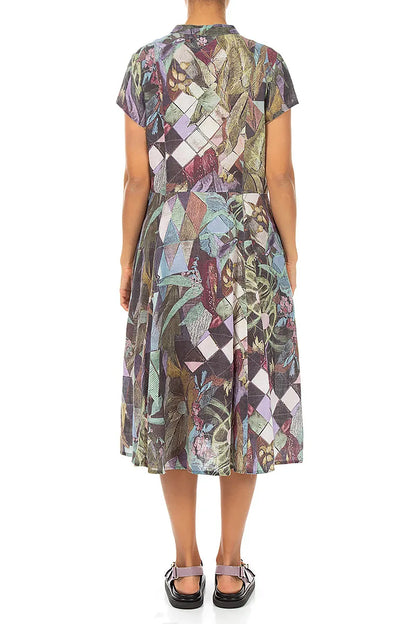 V-Neck Buttoned Art Mosaic Linen Dress 2