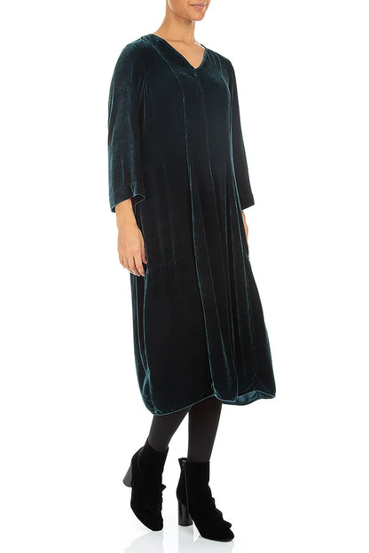 Kleid aus Samt und Seide mit V-Ausschnitt in Dunkeltürkis