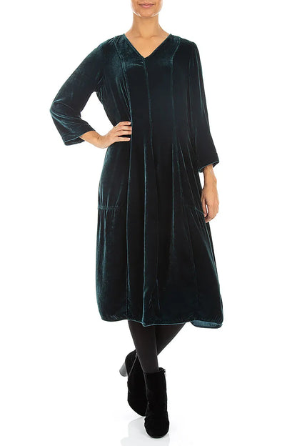 Kleid aus Samt und Seide mit V-Ausschnitt in Dunkeltürkis