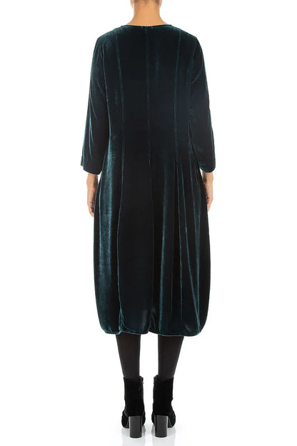 Kleid aus Samt und Seide mit V-Ausschnitt in Dunkeltürkis