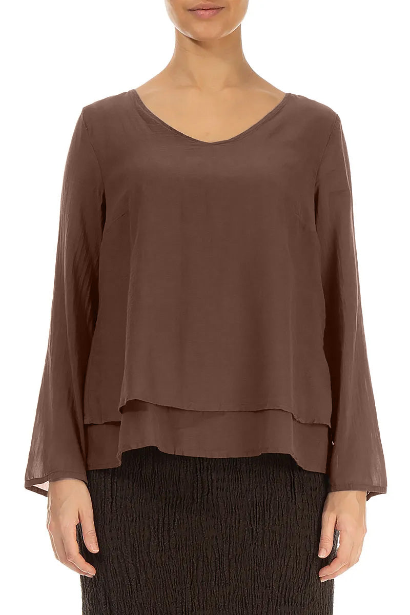 V-Neck Layered Truffle Brown Silk Cotton Blouse 1