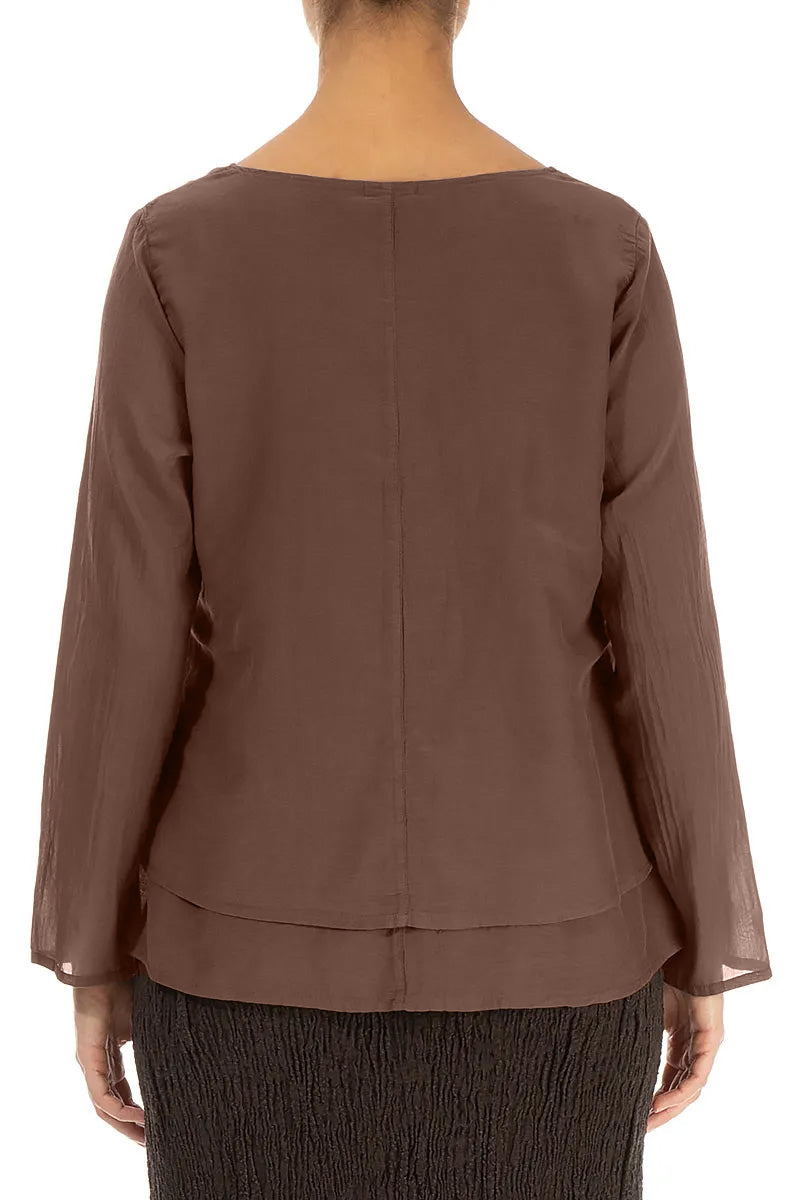 V-Neck Layered Truffle Brown Silk Cotton Blouse 2