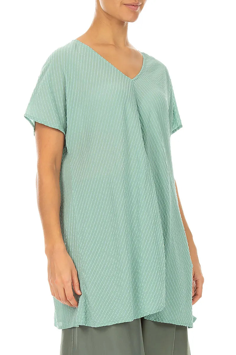 V-Neck Mint Stripy Silk Viscose Blouse 4