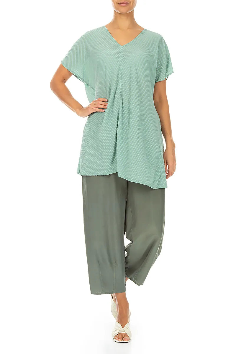V-Neck Mint Stripy Silk Viscose Blouse 5