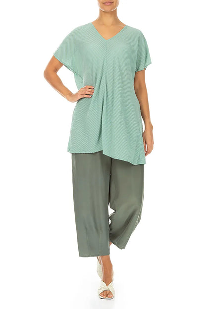 V-Neck Mint Stripy Silk Viscose Blouse 5