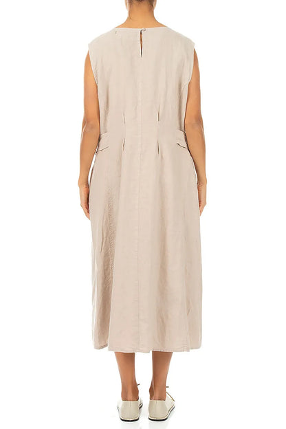Waist Detail Sleeveless Beige Linen Dress 2