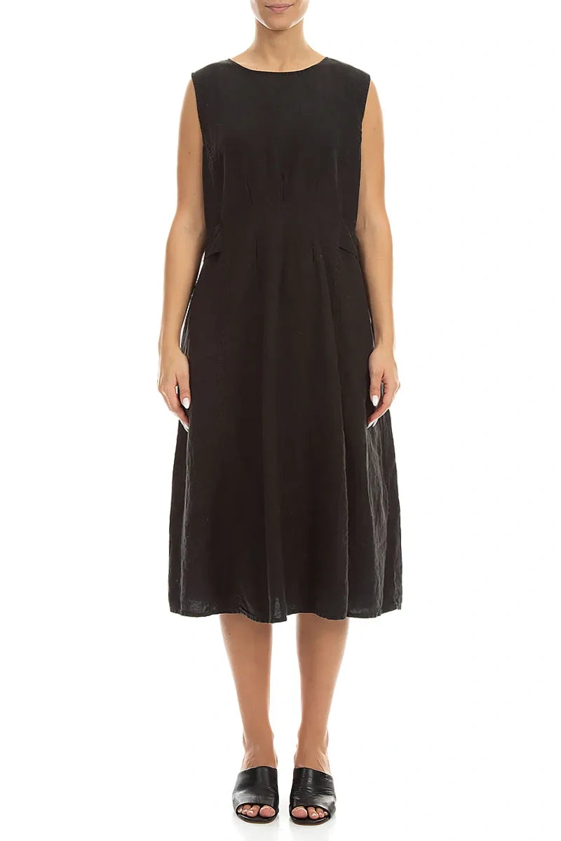 Waist Detail Sleeveless Black Linen Dress 1