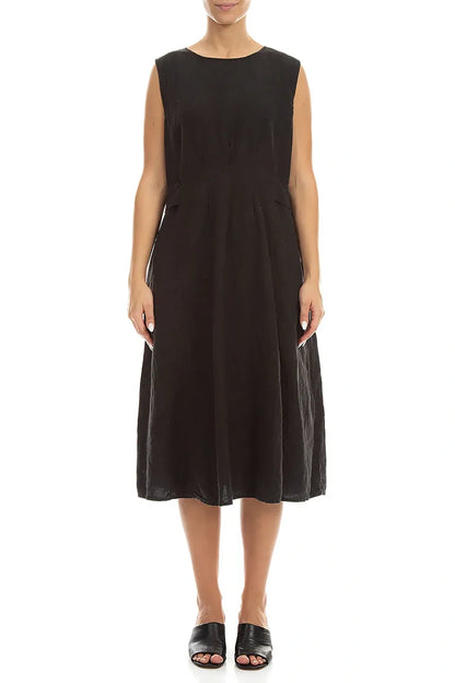 Waist Detail Sleeveless Black Linen Dress 1