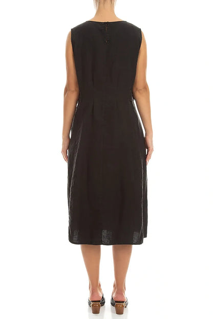 Waist Detail Sleeveless Black Linen Dress 2