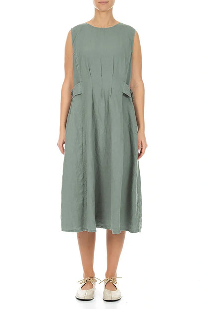 Waist Detail Sleeveless Sage Linen Dress 1