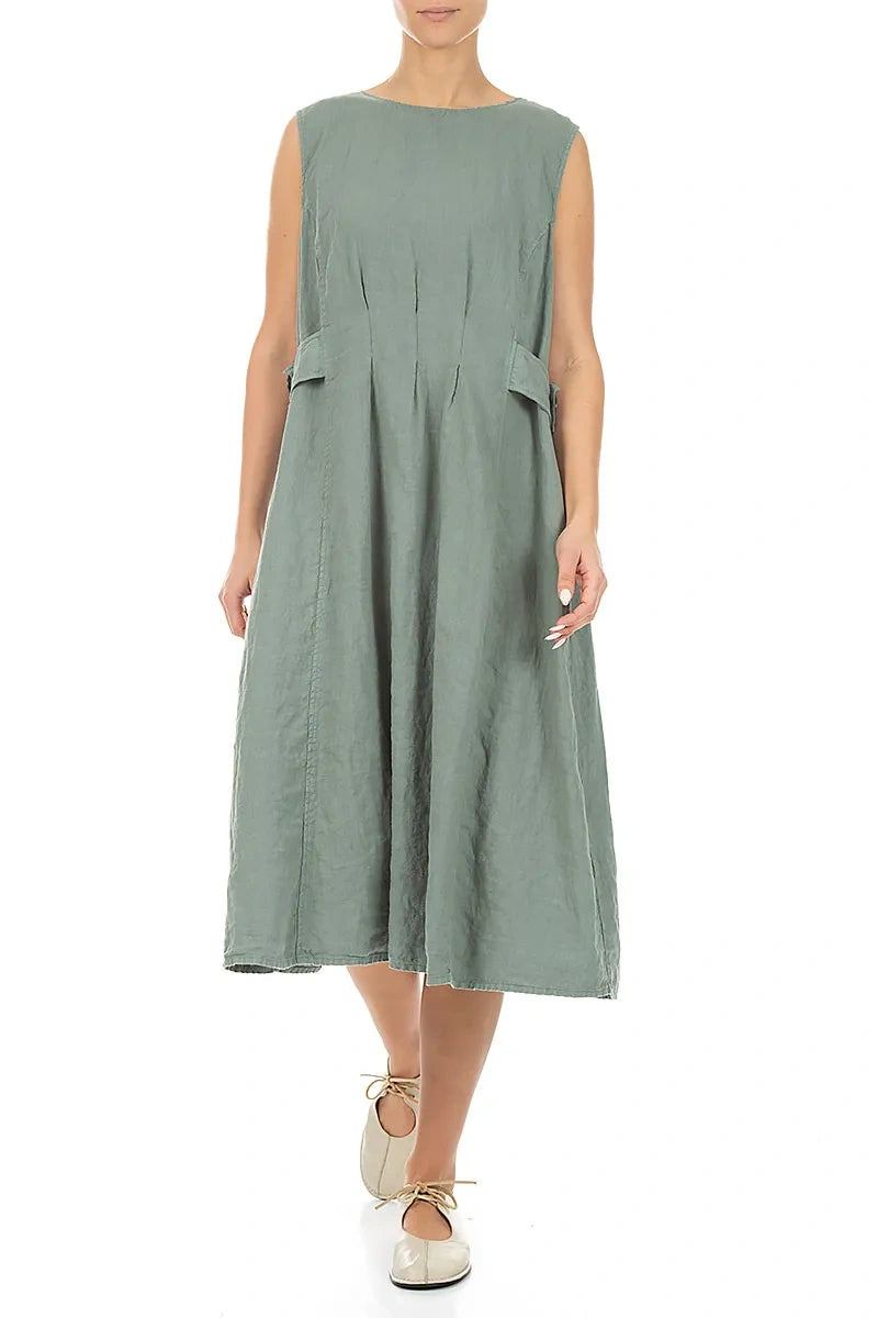 Waist Detail Sleeveless Sage Linen Dress 4