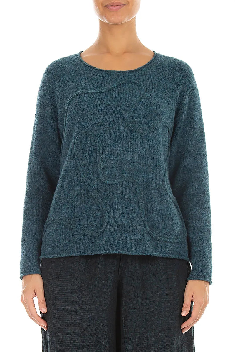 Pull en laine bleu sarcelle à couture ondulée
