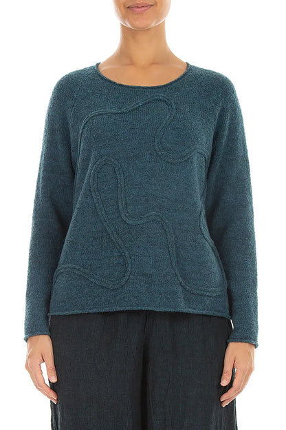 Pull en laine bleu sarcelle à couture ondulée