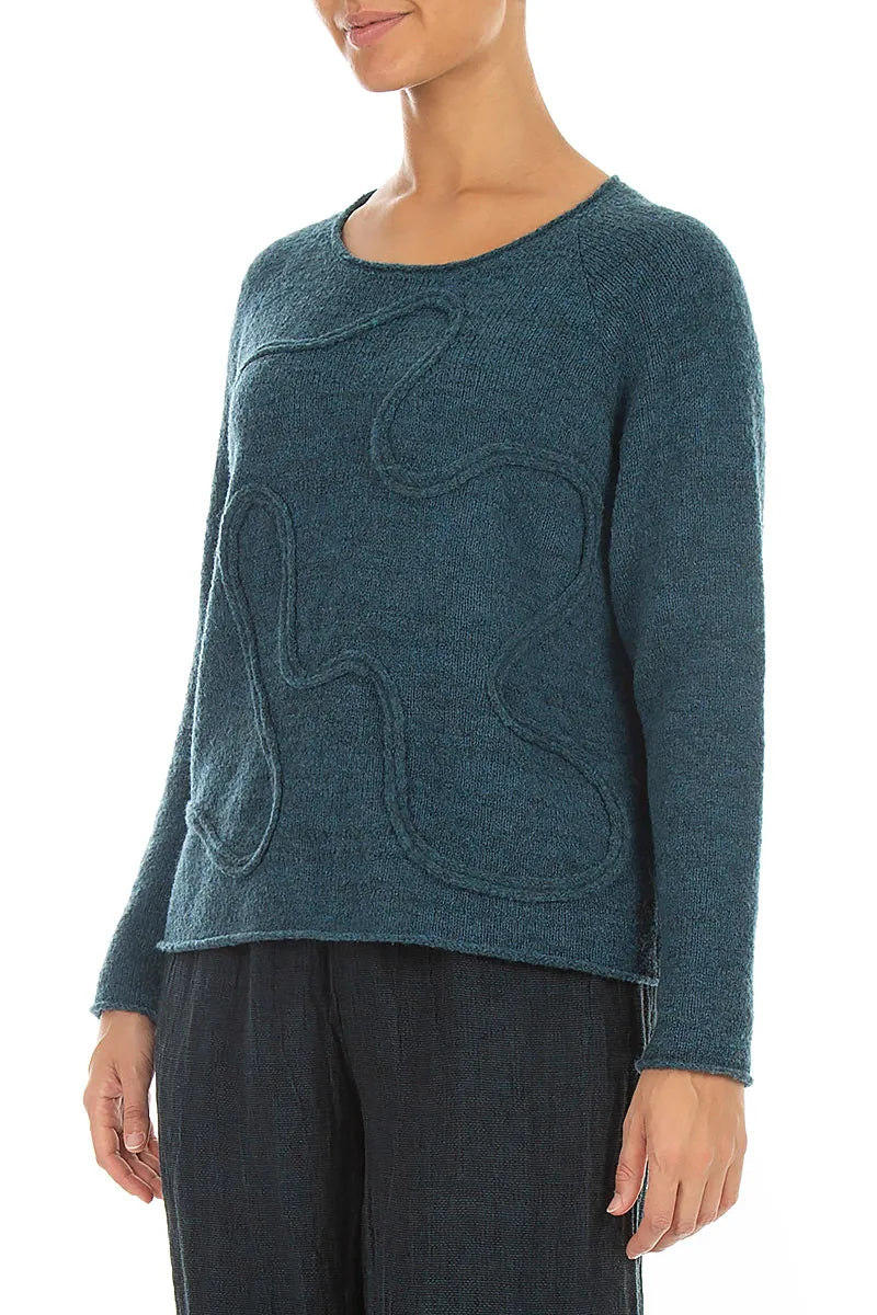 Pull en laine bleu sarcelle à couture ondulée