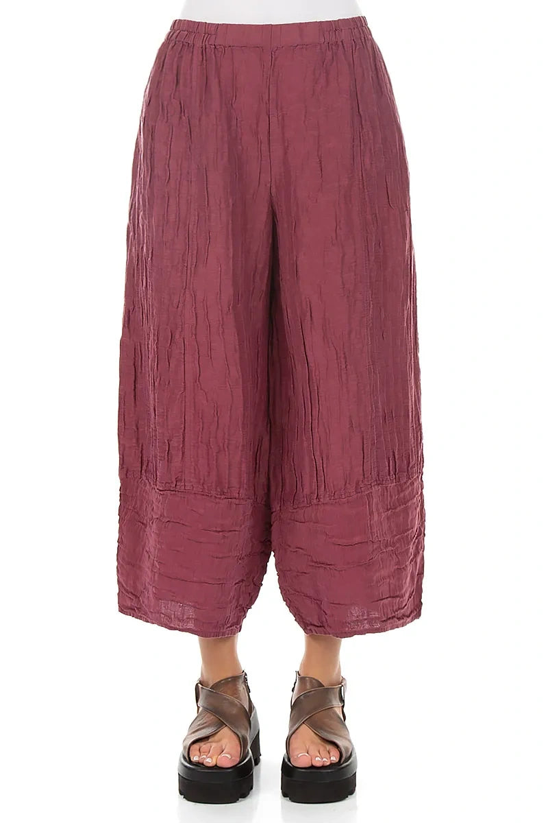 Wide Cropped Crinkled Antique Ruby Silk Linen Trousers 1