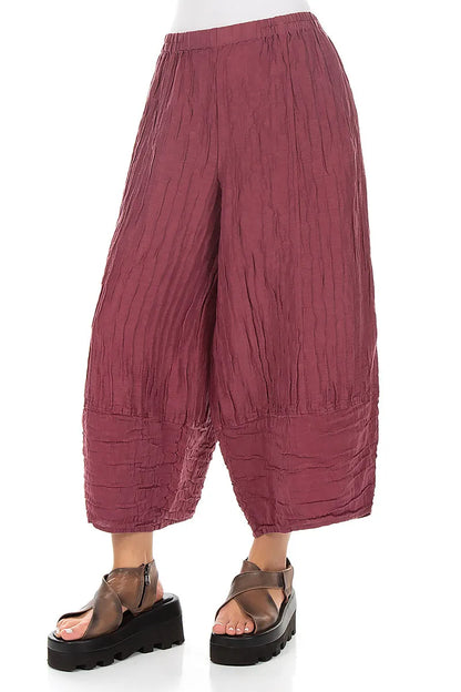 Wide Cropped Crinkled Antique Ruby Silk Linen Trousers 3