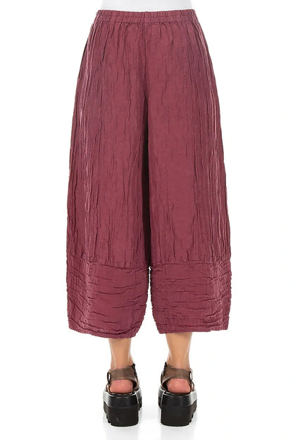 Wide Cropped Crinkled Antique Ruby Silk Linen Trousers 2