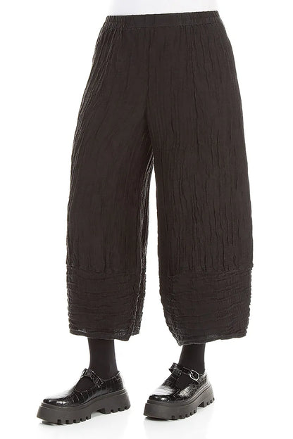 Wide Cropped Crinkled Black Silk Linen Trousers 3