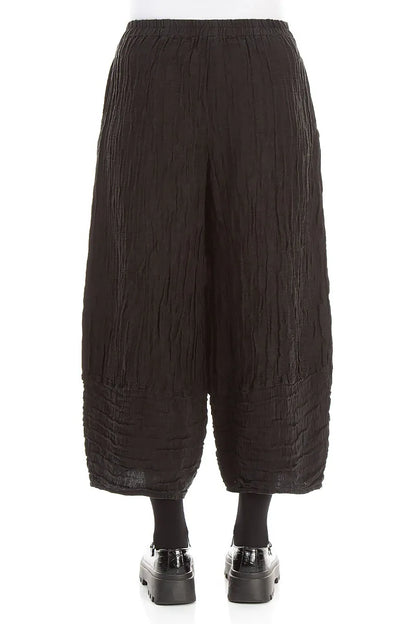 Wide Cropped Crinkled Black Silk Linen Trousers 2