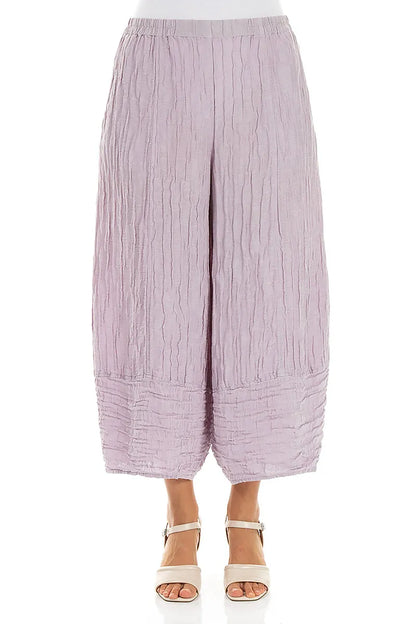 Wide Cropped Crinkled Lilac Silk Linen Trousers 1