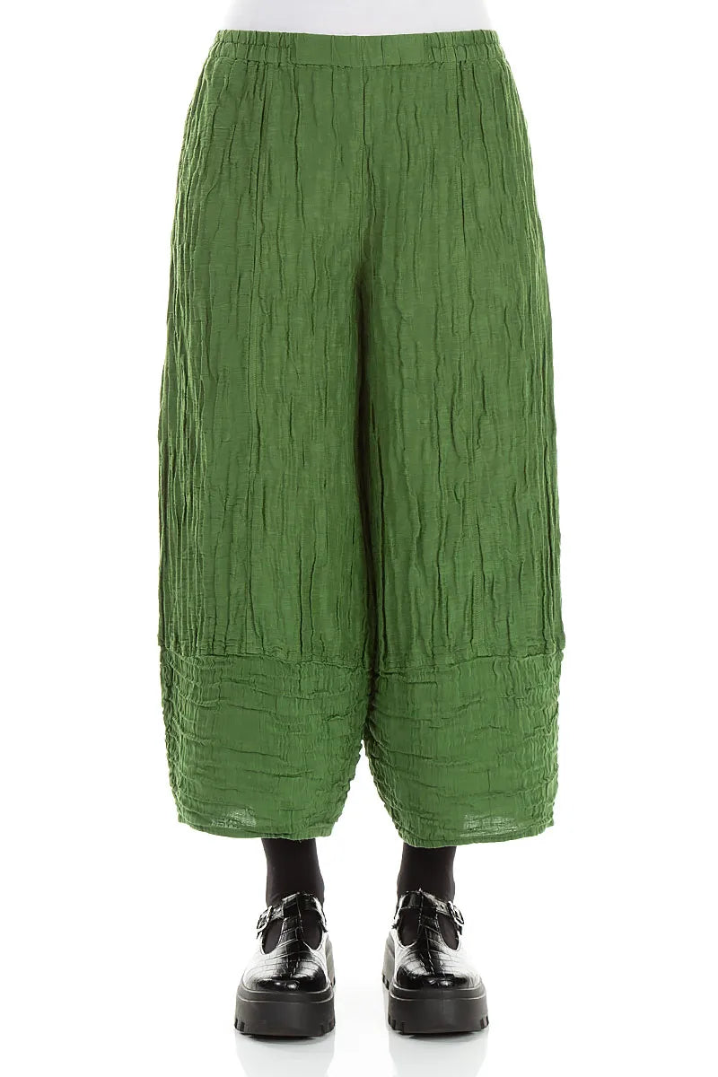 Wide Cropped Crinkled Shamrock Green Silk Linen Trousers 1