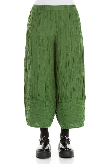 Wide Cropped Crinkled Shamrock Green Silk Linen Trousers 1