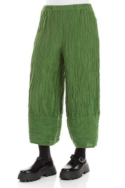 Wide Cropped Crinkled Shamrock Green Silk Linen Trousers 3