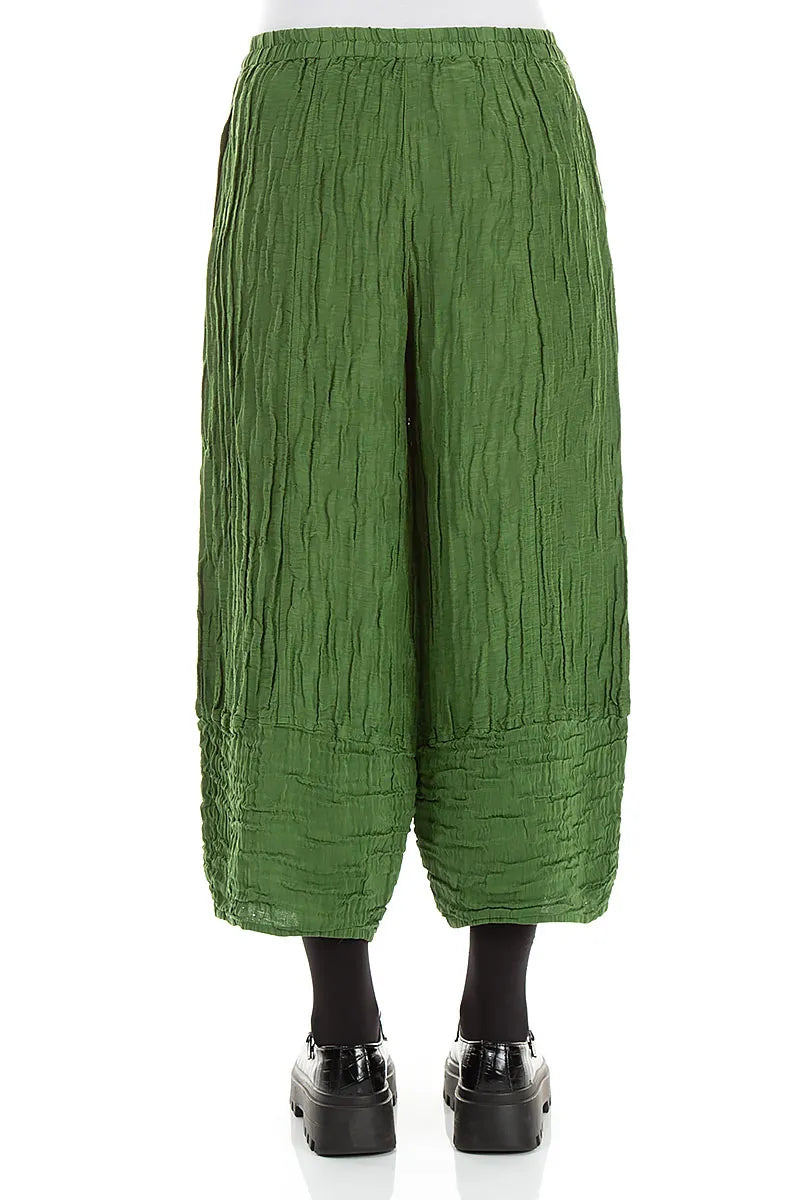 Wide Cropped Crinkled Shamrock Green Silk Linen Trousers 2
