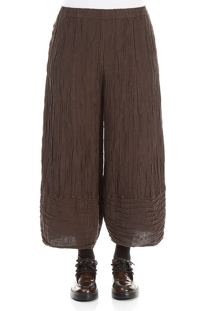 Wide Cropped Crinkled Truffle Brown Silk Linen Trousers 1