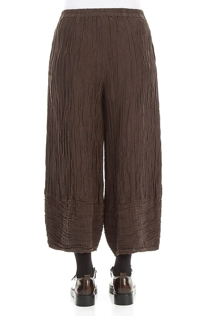 Wide Cropped Crinkled Truffle Brown Silk Linen Trousers 2