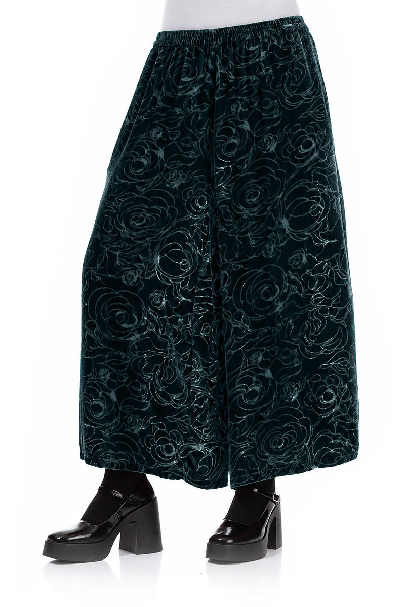 Pantalon en Velours de Soie Turquoise profond à larges motifs de roses dévorées