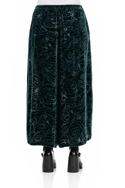 Pantalon en Velours de Soie Turquoise profond à larges motifs de roses dévorées