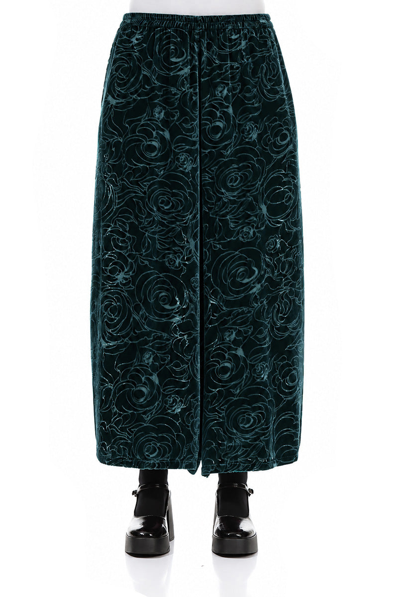 Pantalon en Velours de Soie Turquoise profond à larges motifs de roses dévorées