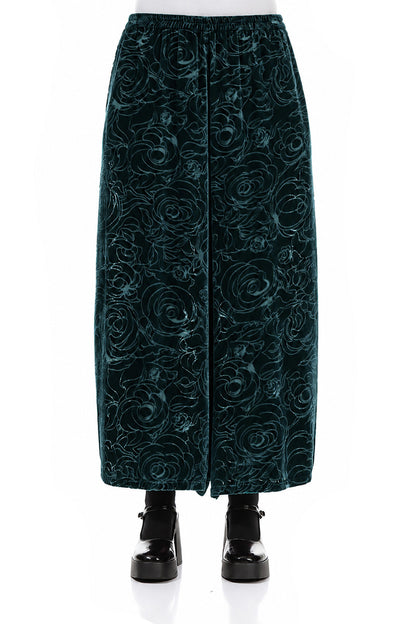 Pantalon en Velours de Soie Turquoise profond à larges motifs de roses dévorées