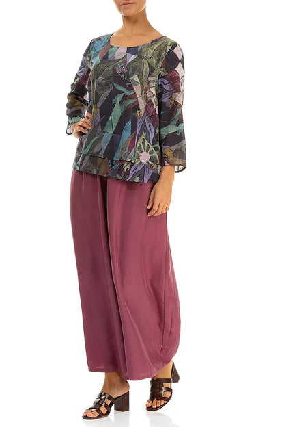 Wide Flowy Antique Ruby Pure Silk Trousers 4