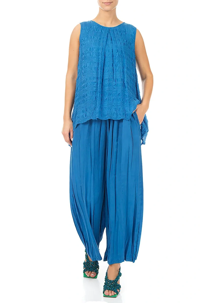 Wide Flowy Cobalt Blue Crumpled Pure Silk Trousers 4