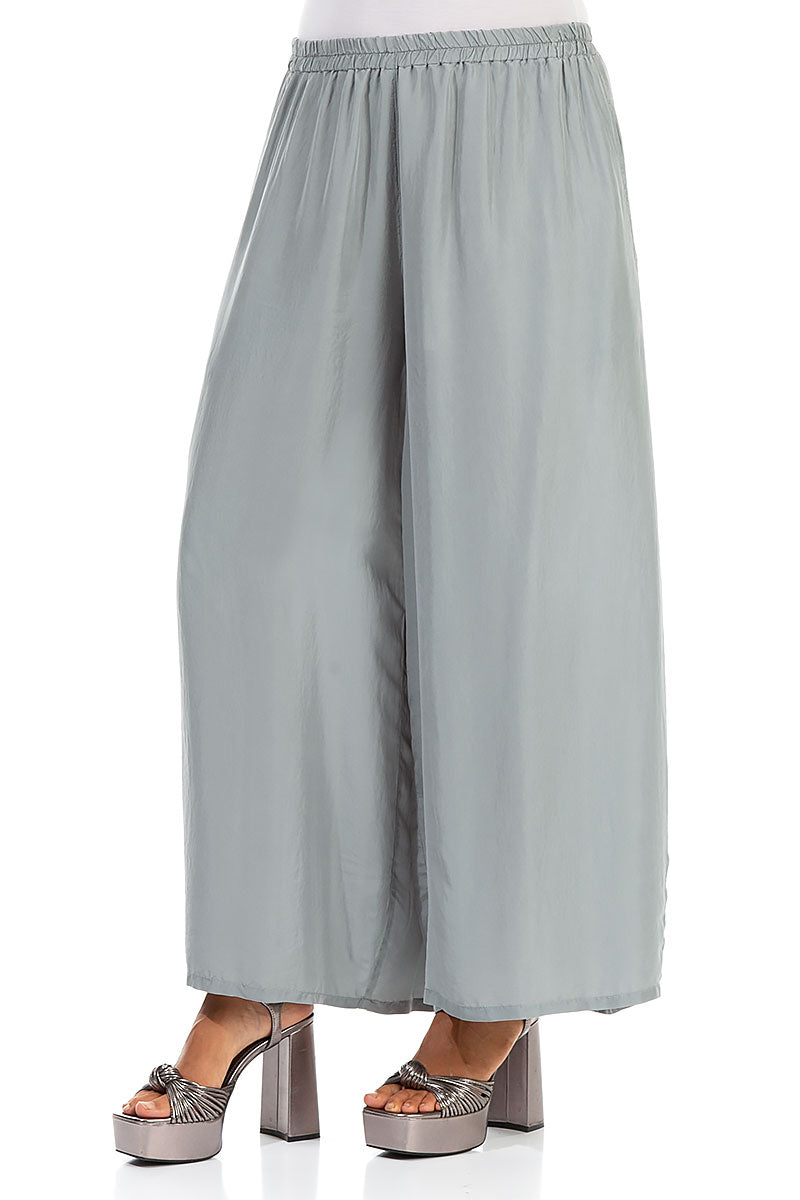 Wide Flowy Grey Sage Pure Silk Trousers 3