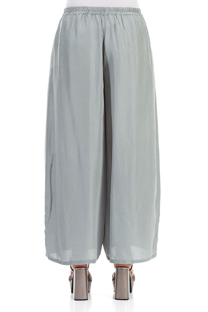 Wide Flowy Grey Sage Pure Silk Trousers 2