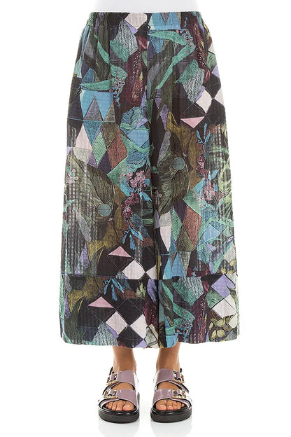 Wide Leg Cuffs Art Mosaic Textured Silk Culottes 1