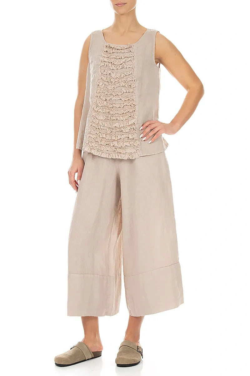 Wide Leg Cuffs Beige Linen Culottes 4