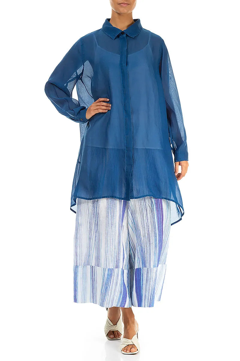 Wide Leg Cuffs Blue Wash Stripe Linen Culottes 4