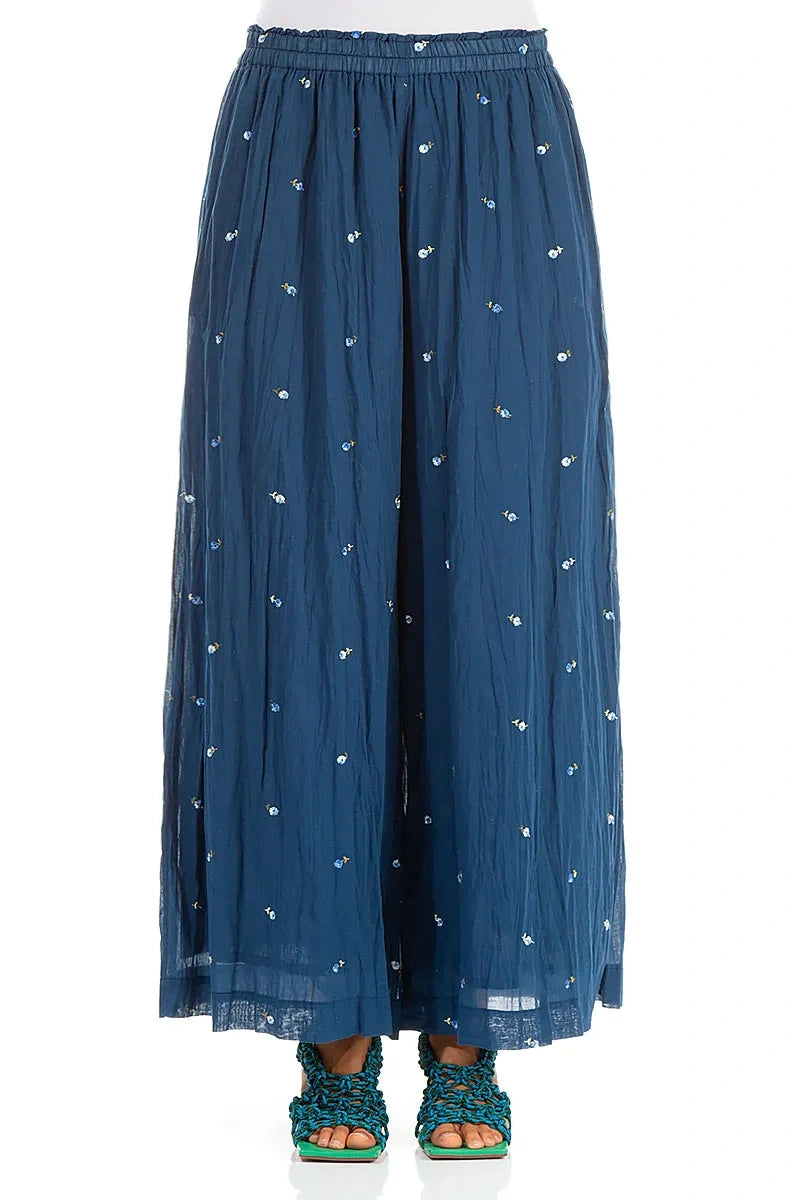 Wide Navy Embroidered Petals Crumpled Cotton Trousers 1
