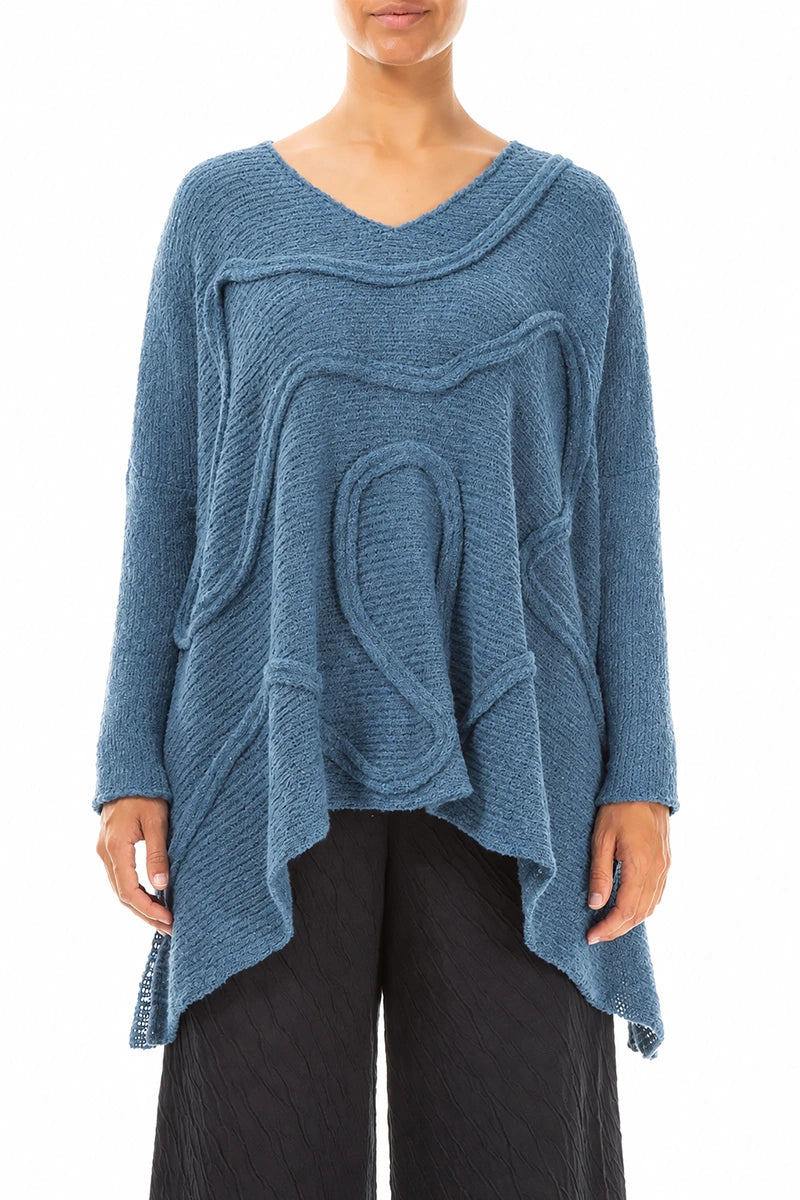 Wide Wavy Seam Petrol Blue Wool Sweater 1