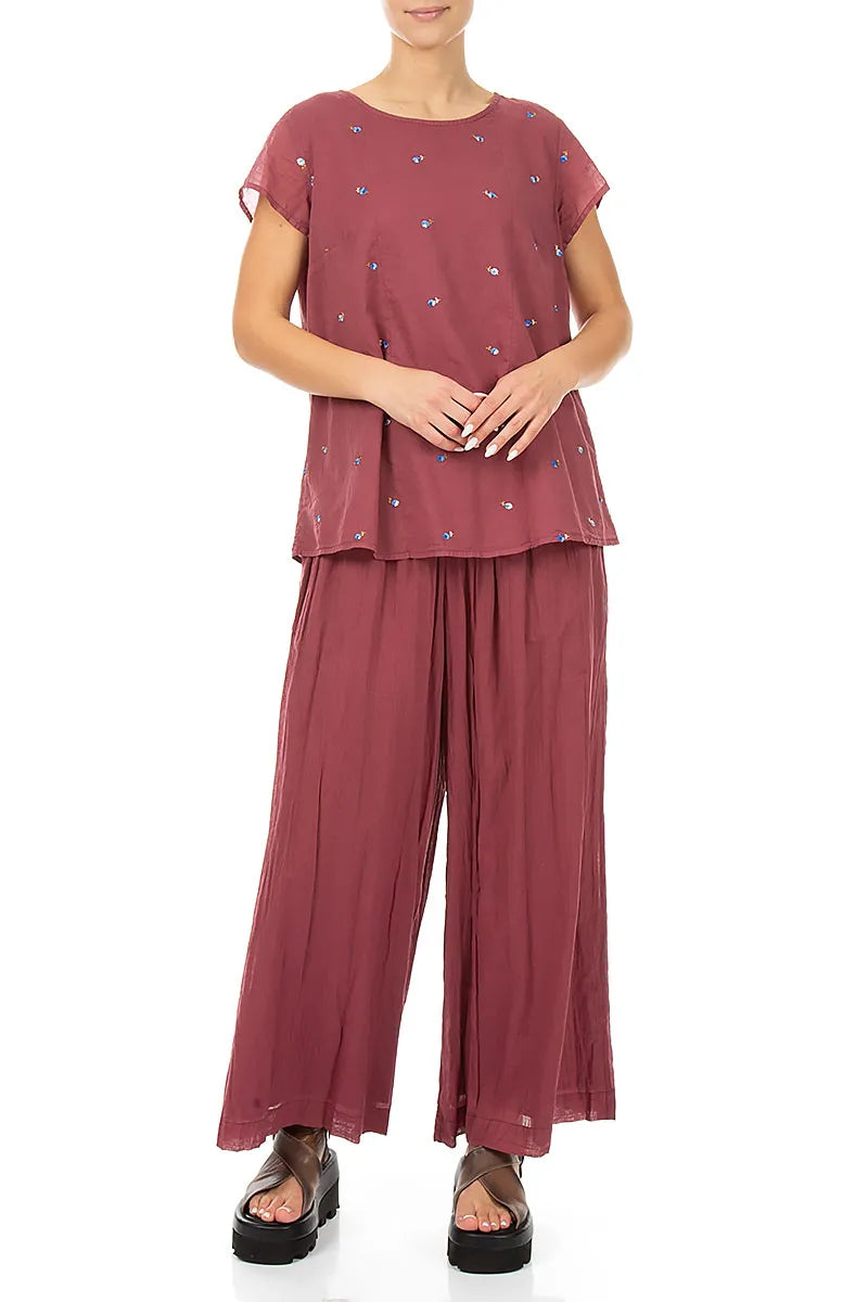 Short Sleeves Antique Ruby Embroidered Petals Cotton Top 4