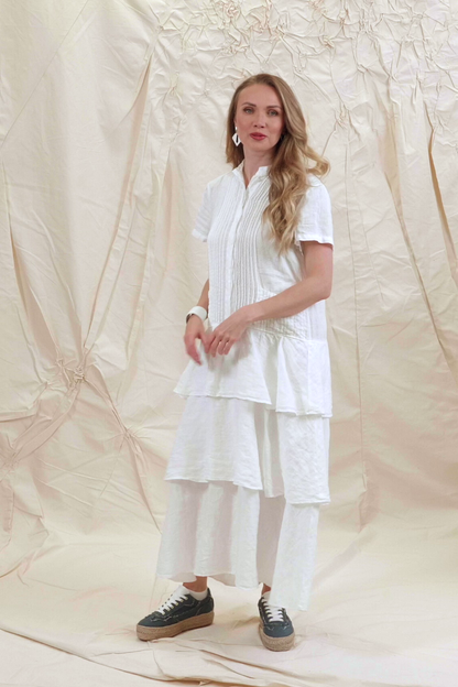 Layered Ruffles White Linen Dress 9