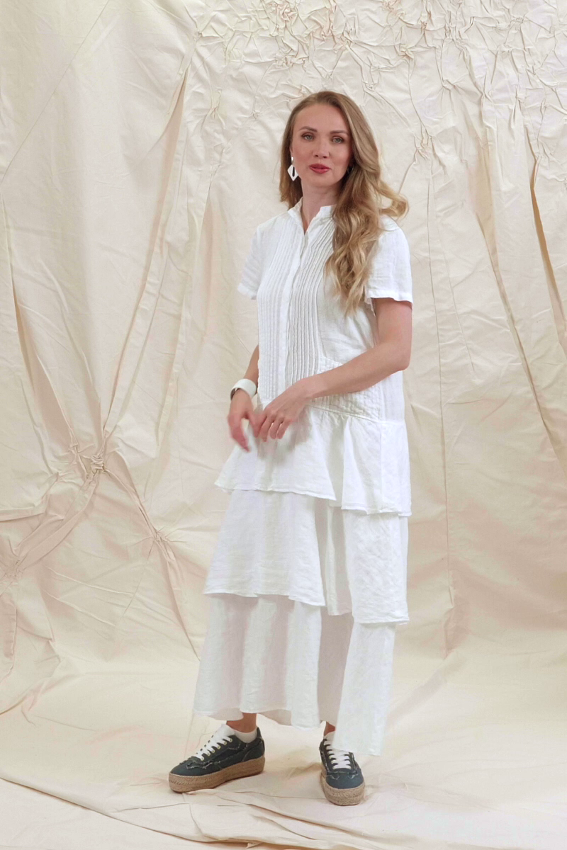 Layered Ruffles White Linen Dress 9