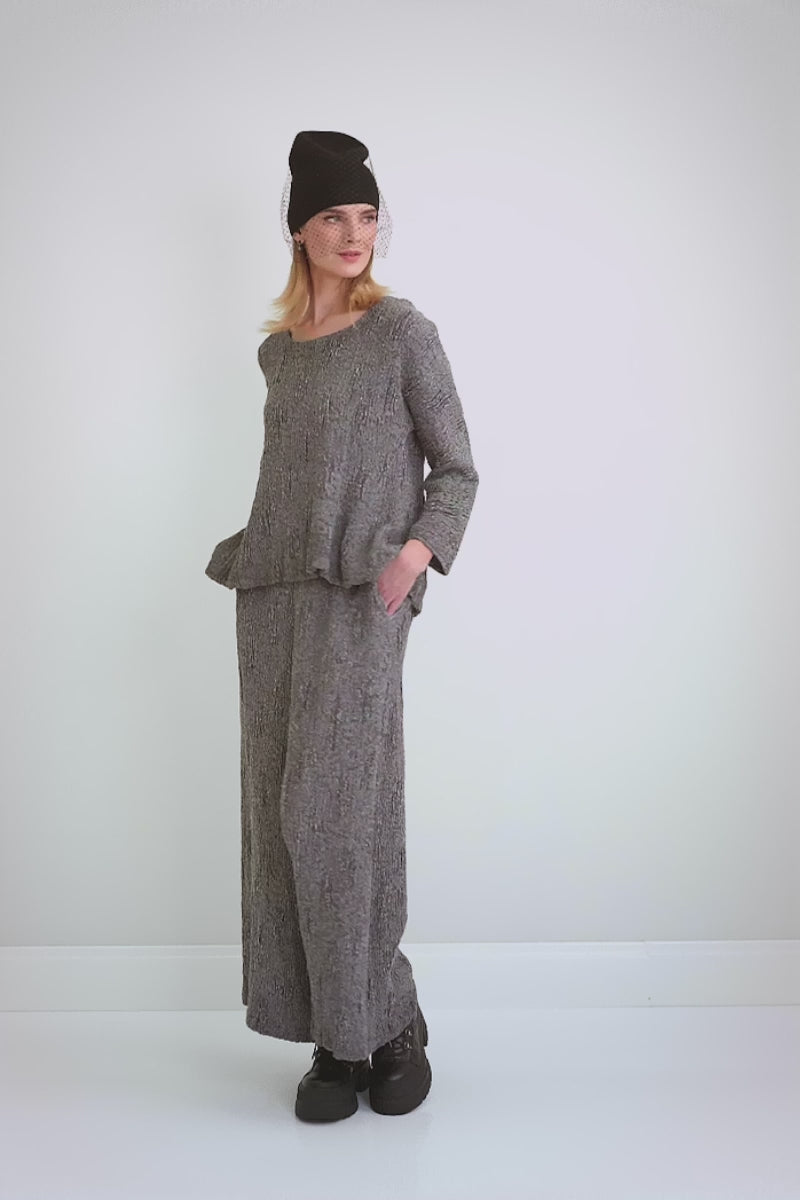 Wide Silver Textured Silk Linen Trousers 7