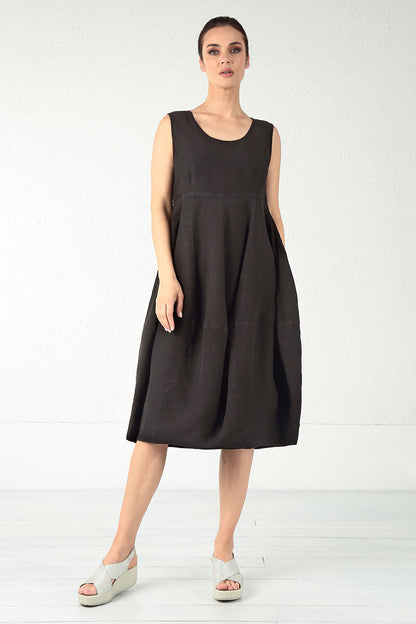 Sleeveless Balloon Black Linen Dress 6