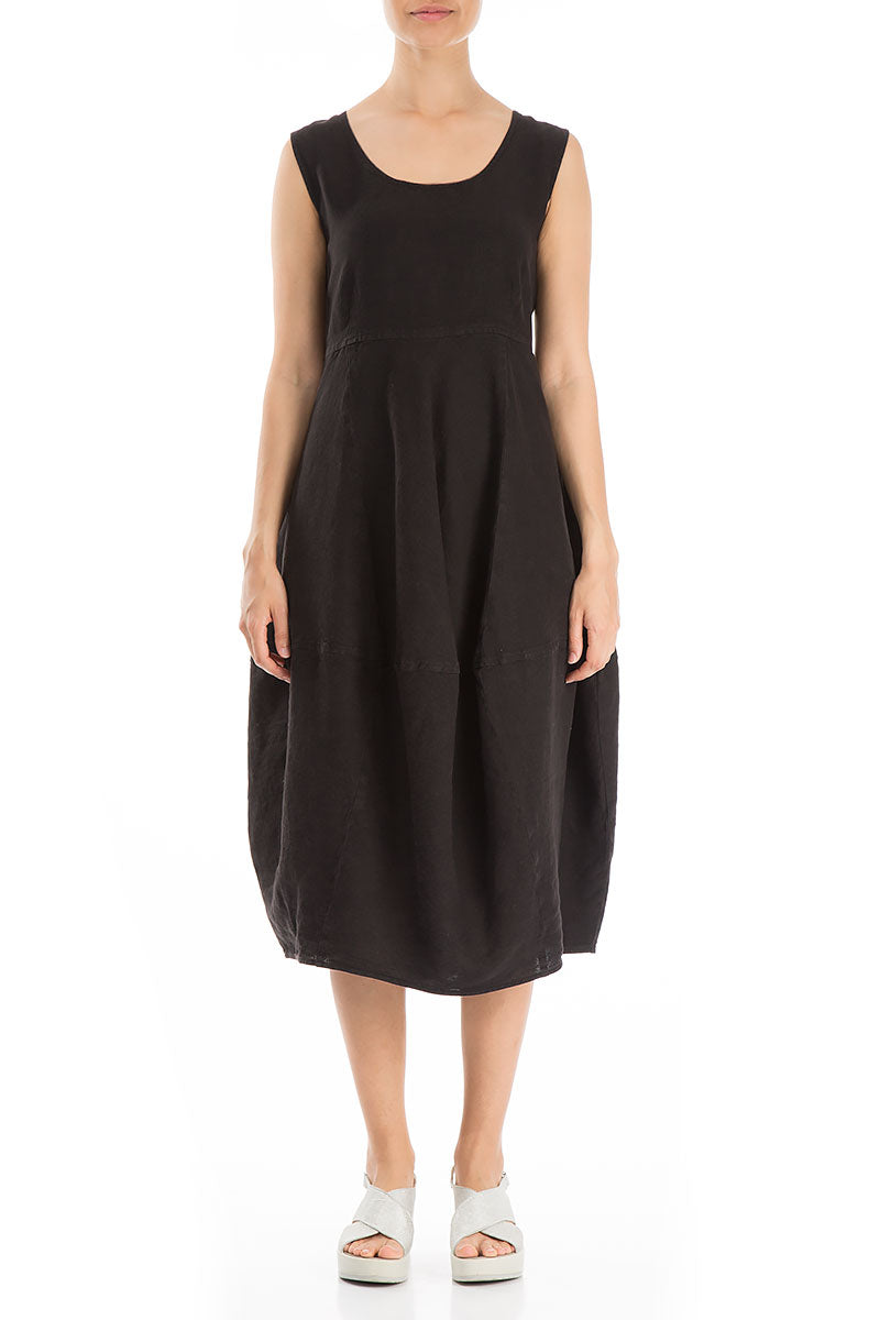 Sleeveless Balloon Black Linen Dress 1