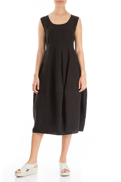 Sleeveless Balloon Black Linen Dress 3